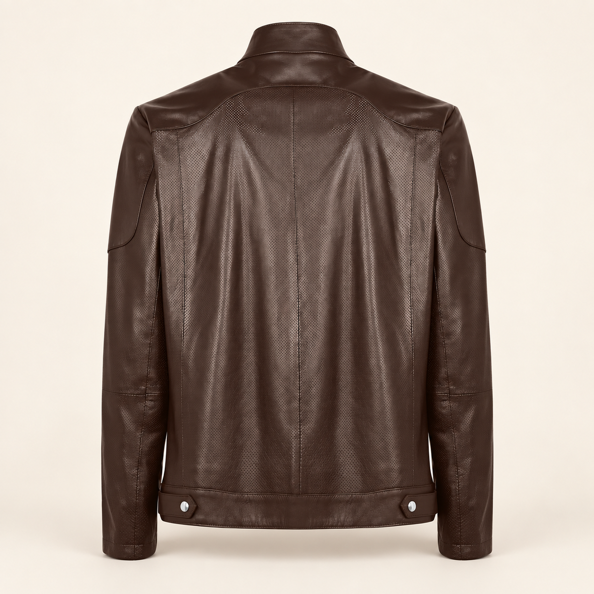 Back of the Halden chocolate brown jacket with perforated panels and two snap-fastened hem tabs.