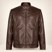 Halden chocolate brown leather biker jacket from the front with stand collar and two-way zipper.