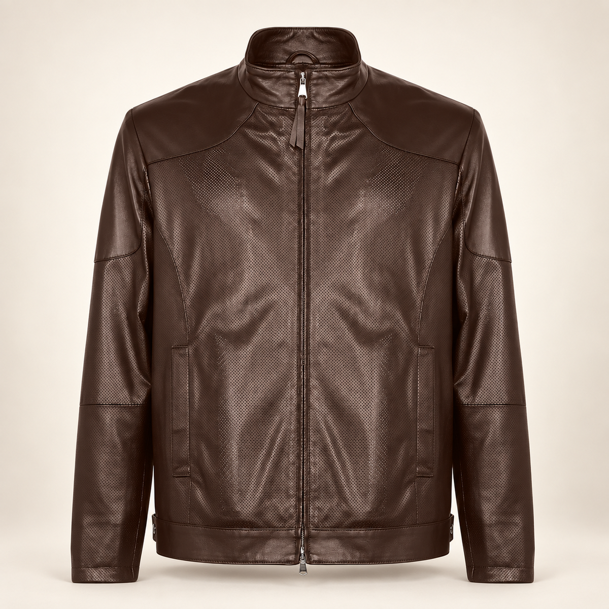 Halden chocolate brown leather biker jacket from the front with stand collar and two-way zipper.