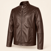 Three-quarter view of the Halden chocolate brown biker jacket showing smooth shoulder panels and perforated sleeves.