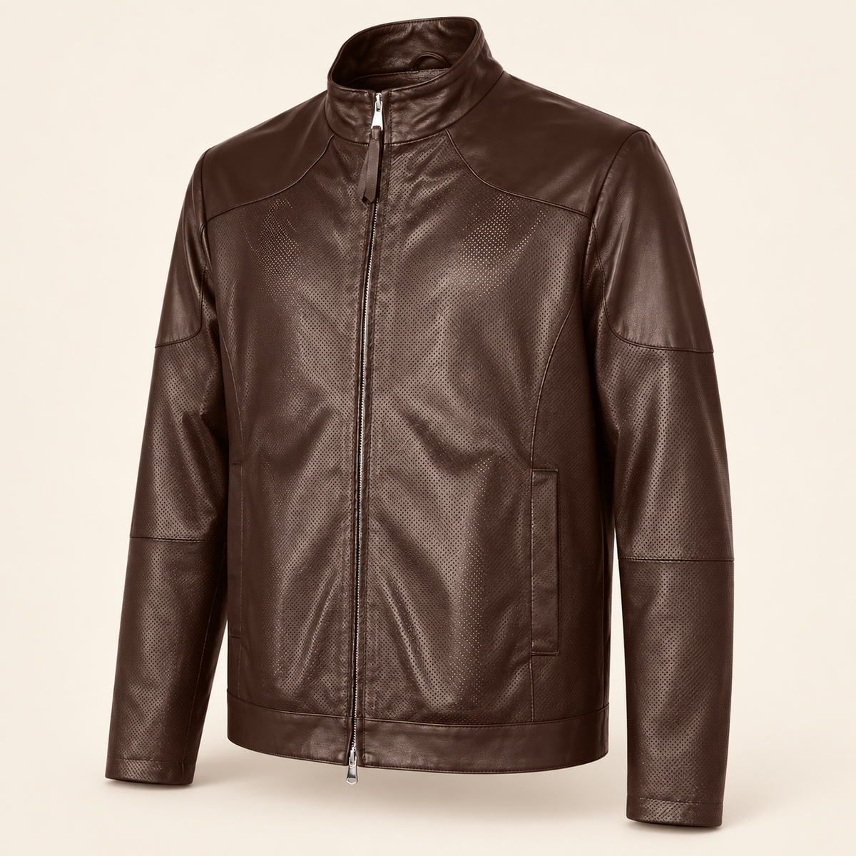 Three-quarter view of the Halden chocolate brown biker jacket showing smooth shoulder panels and perforated sleeves.