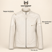 Halden ivory jacket feature guide highlighting nappa lambskin, microperforated panels and two-way zip.
