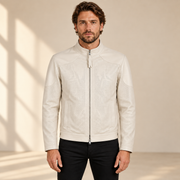 Man wearing the Halden ivory perforated lambskin biker jacket, front view.