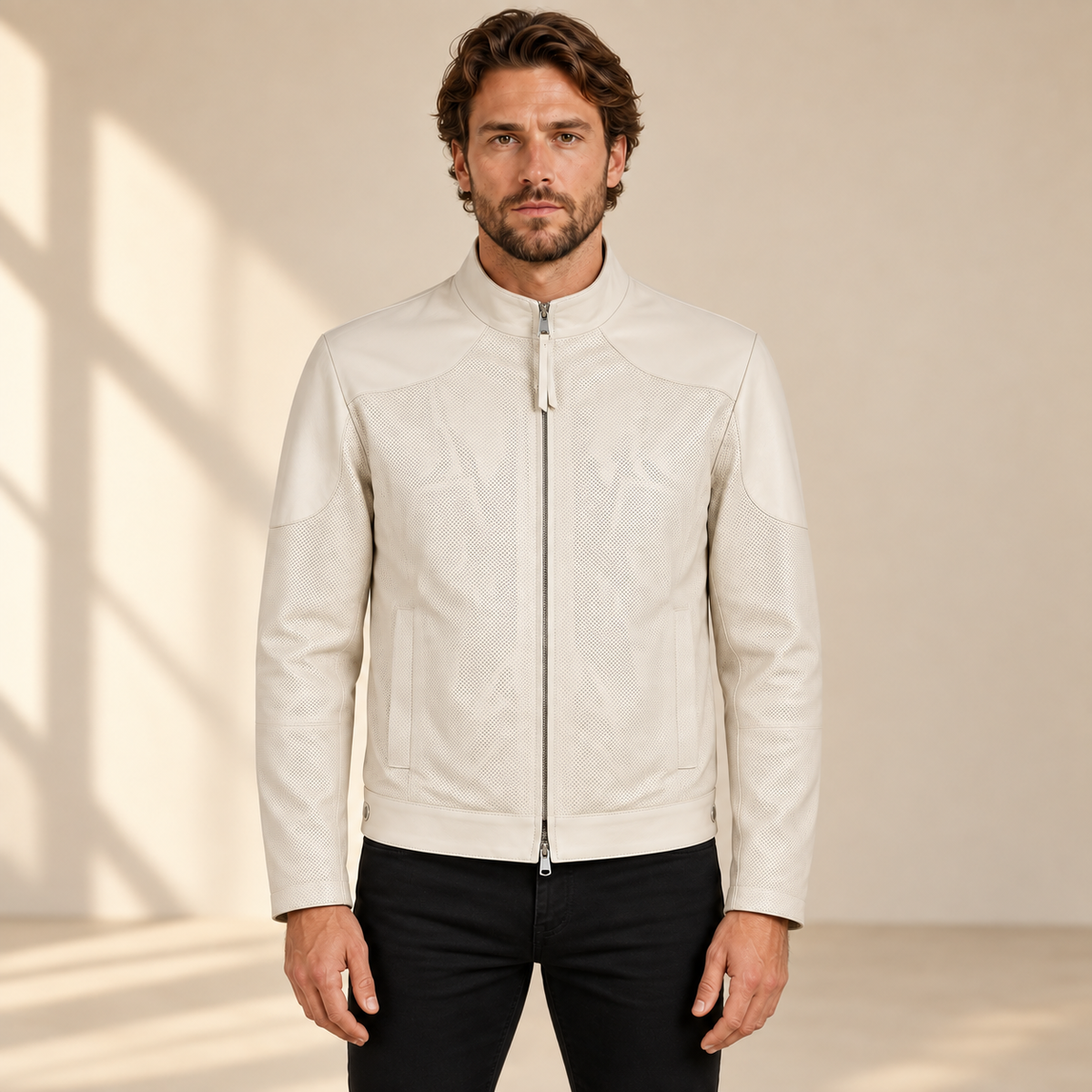Man wearing the Halden ivory perforated lambskin biker jacket, front view.