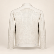 Back of the Halden ivory jacket with perforated panels and two snap-fastened hem tabs.