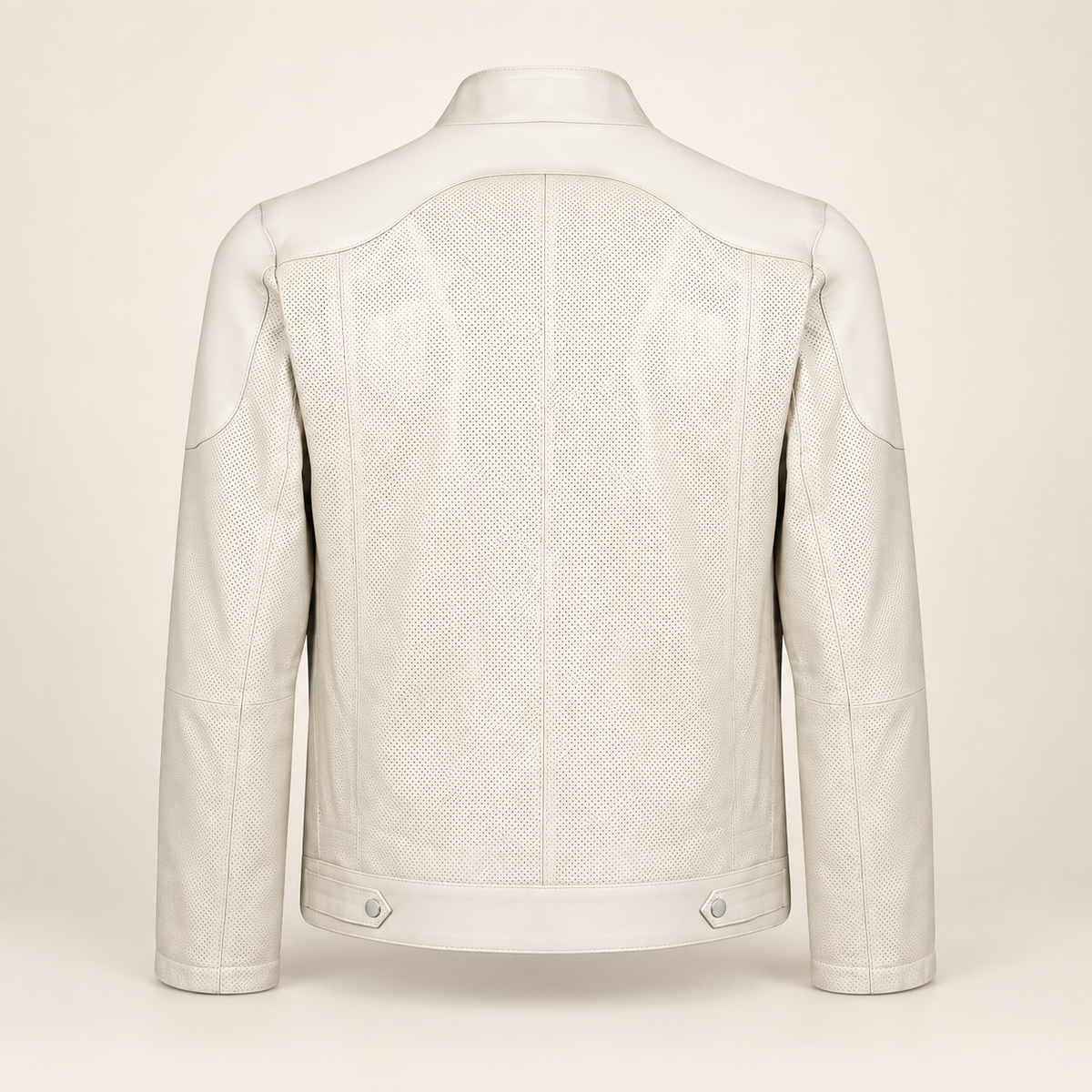 Back of the Halden ivory jacket with perforated panels and two snap-fastened hem tabs.