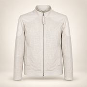 Halden ivory leather biker jacket from the front with stand collar and two-way zipper.