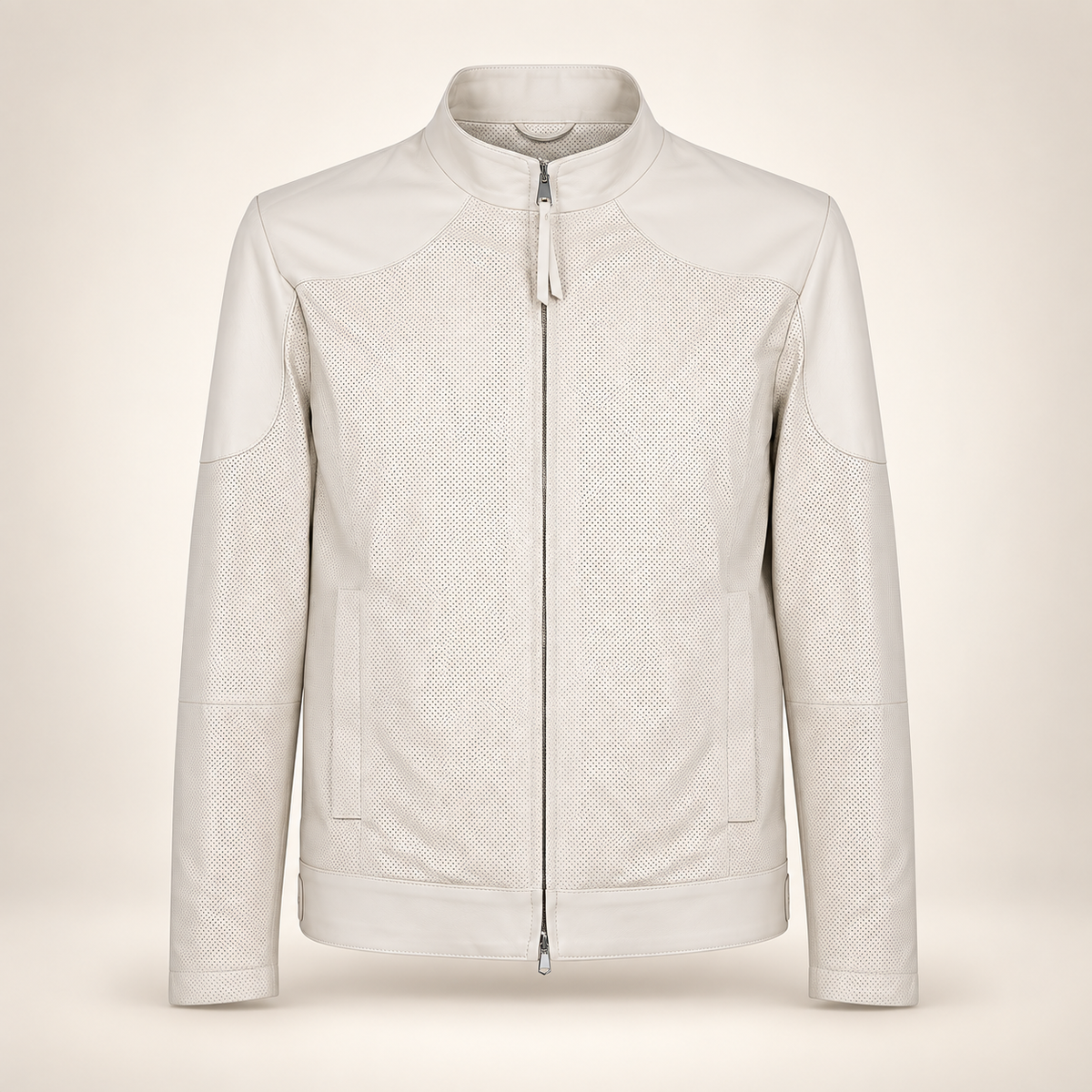 Halden ivory leather biker jacket from the front with stand collar and two-way zipper.