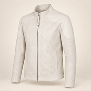 Three-quarter view of the Halden ivory biker jacket showing smooth shoulder panels and perforated sleeves.