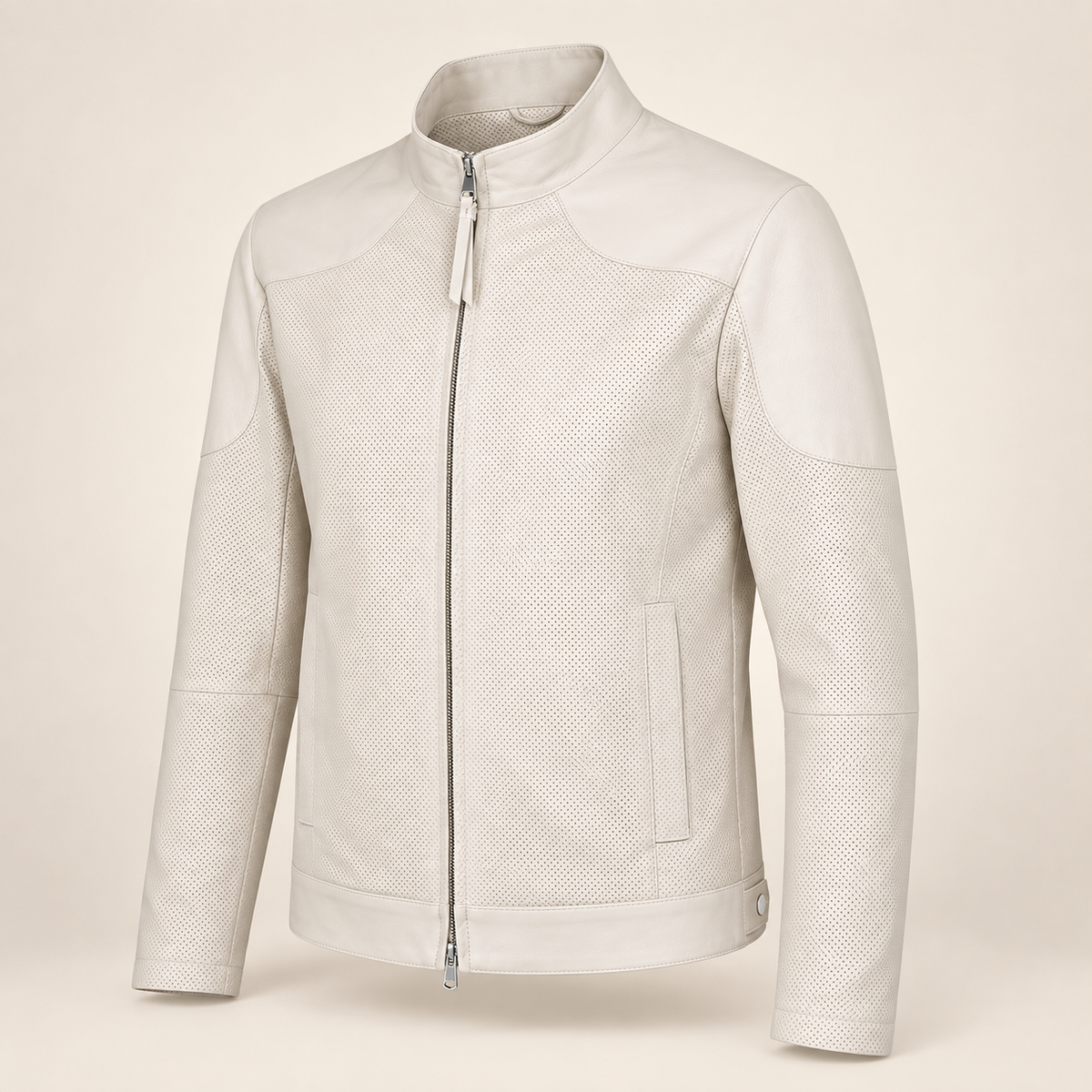 Three-quarter view of the Halden ivory biker jacket showing smooth shoulder panels and perforated sleeves.