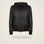 Halston Men's Hooded Lambskin Leather Bomber Jacket in black product front
