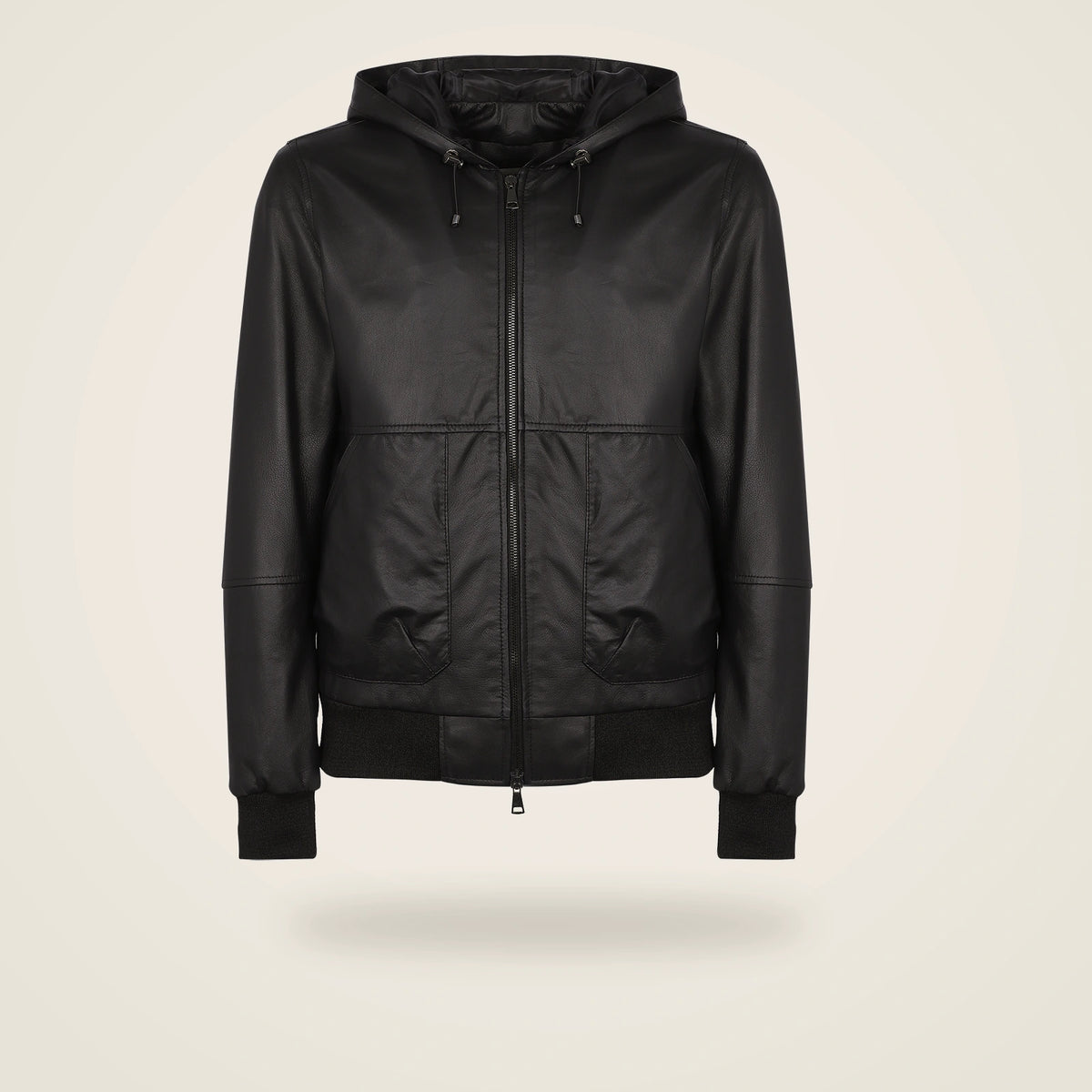 Halston Men's Hooded Lambskin Leather Bomber Jacket in black product front