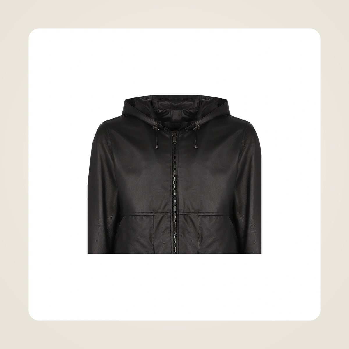 Halston Men's Hooded Lambskin Leather Bomber Jacket collar zipper and leather close-up