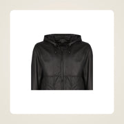 Halston Men's Hooded Lambskin Leather Bomber Jacket collar zipper and leather close-up