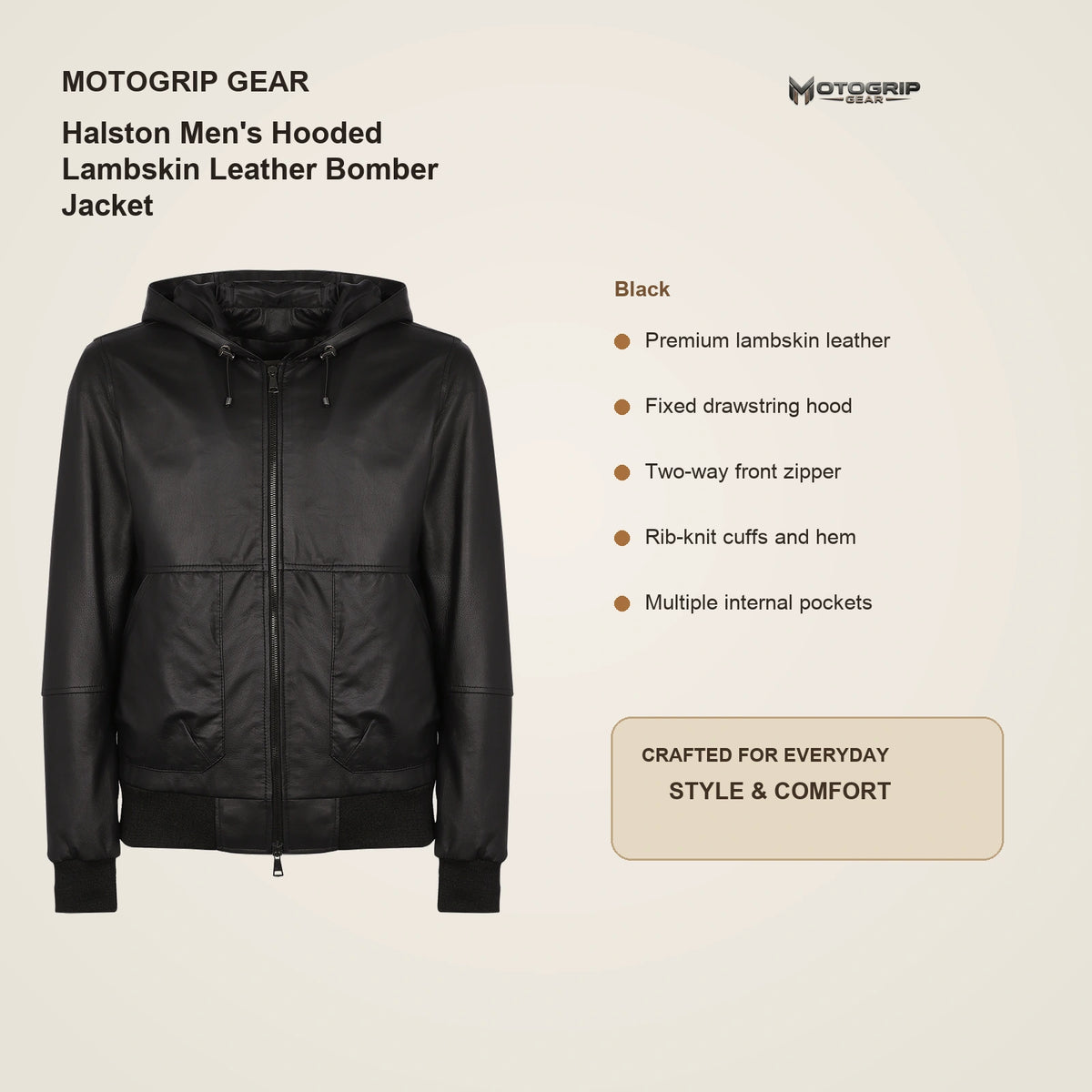 Halston Men's Hooded Lambskin Leather Bomber Jacket key features