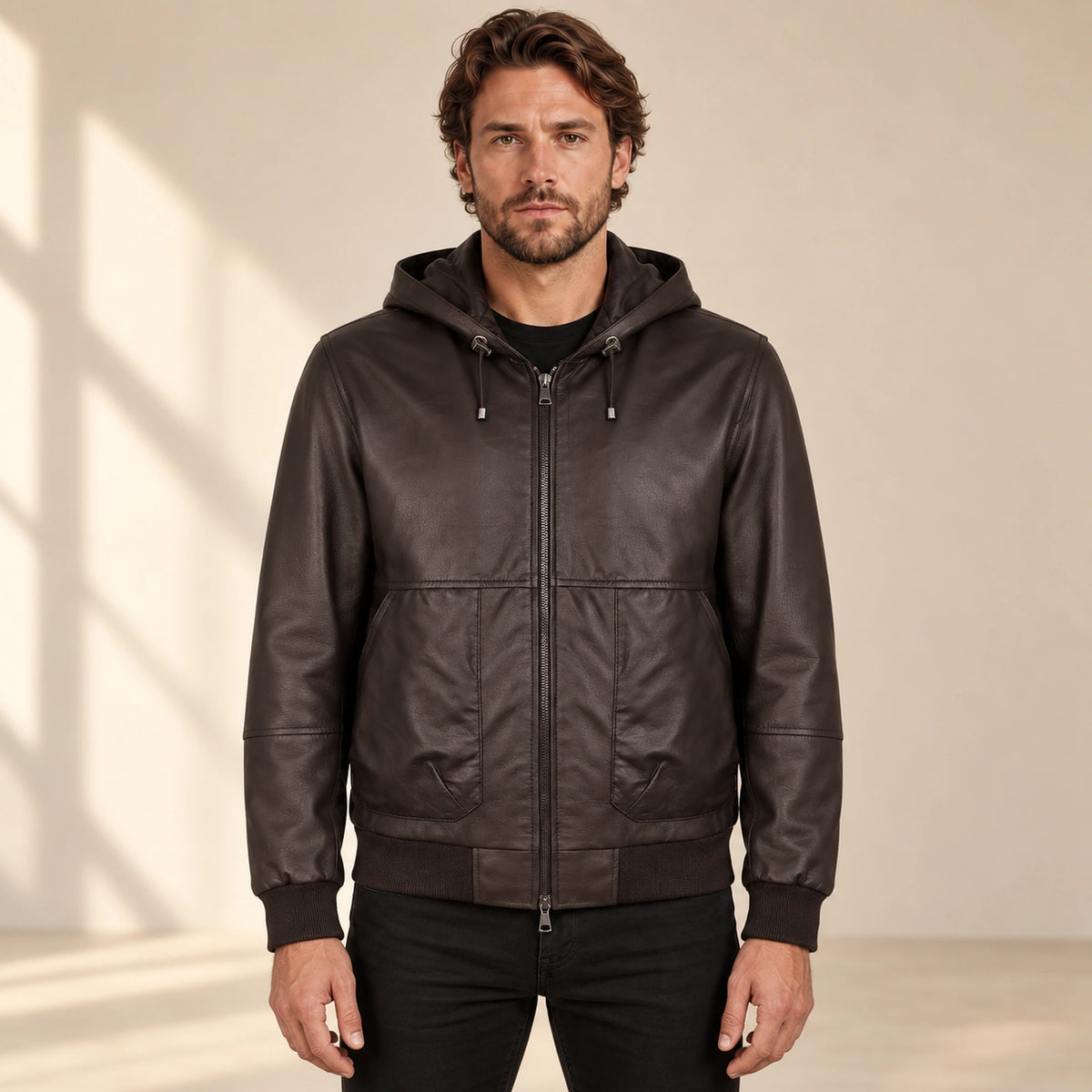 Halston Men's Hooded Lambskin Leather Bomber Jacket in dark brown front view on male model