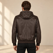 Halston Men's Hooded Lambskin Leather Bomber Jacket in dark brown back view on male model