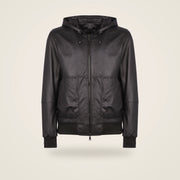 Halston Men's Hooded Lambskin Leather Bomber Jacket in dark brown product front