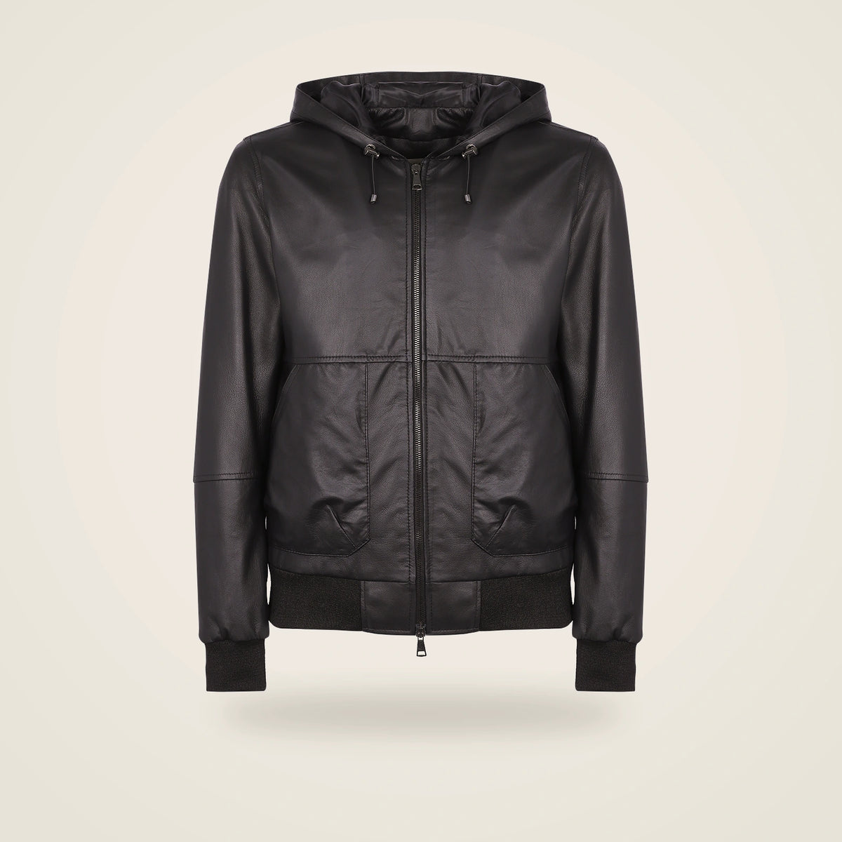 Halston Men's Hooded Lambskin Leather Bomber Jacket in dark brown product front
