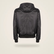 Halston Men's Hooded Lambskin Leather Bomber Jacket in dark brown product back