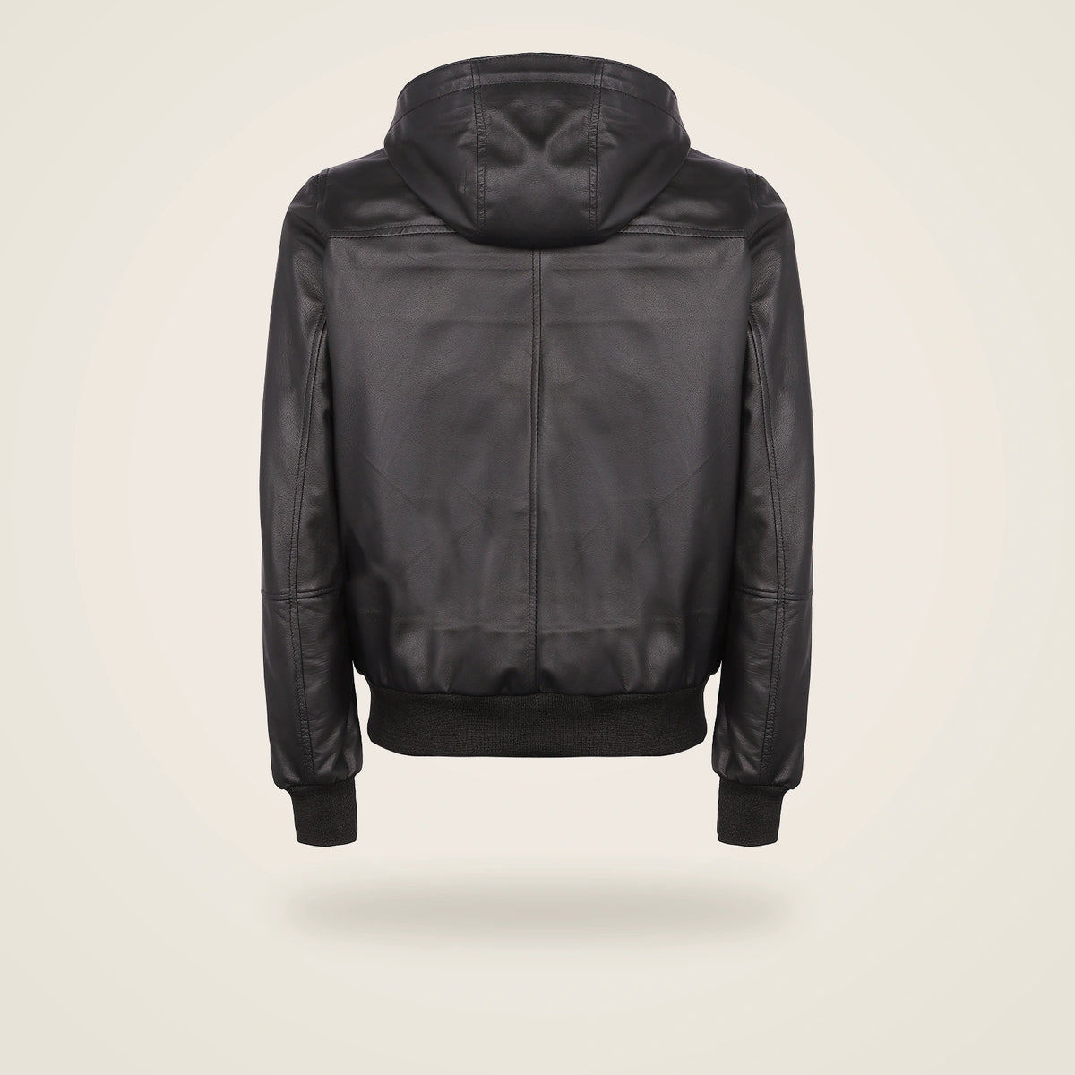 Halston Men's Hooded Lambskin Leather Bomber Jacket in dark brown product back