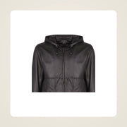 Halston Men's Hooded Lambskin Leather Bomber Jacket collar zipper and leather close-up