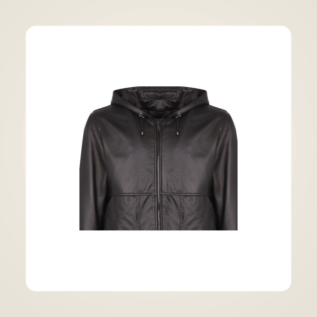 Halston Men's Hooded Lambskin Leather Bomber Jacket collar zipper and leather close-up