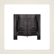 Halston Men's Hooded Lambskin Leather Bomber Jacket pocket hem and leather finish detail