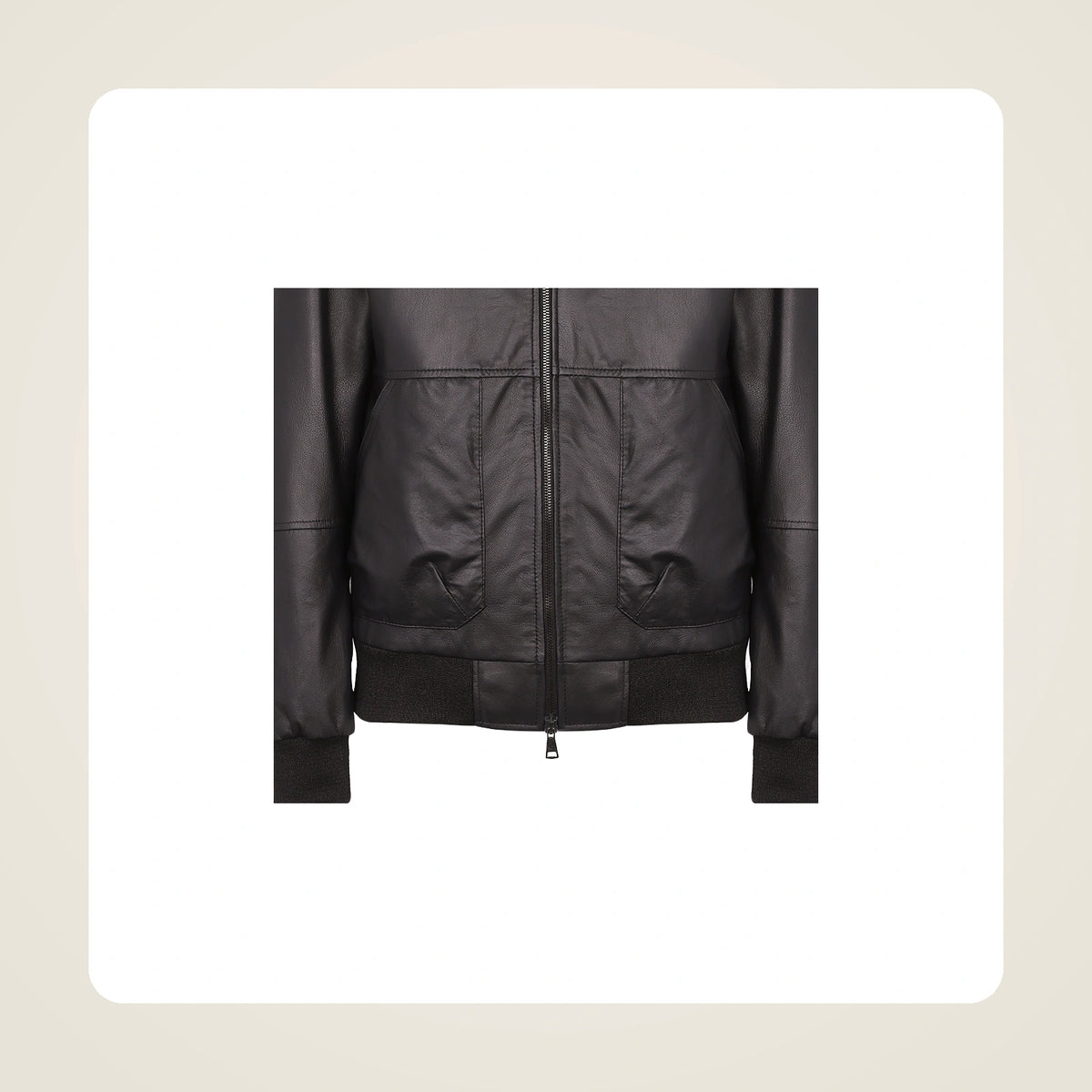 Halston Men's Hooded Lambskin Leather Bomber Jacket pocket hem and leather finish detail