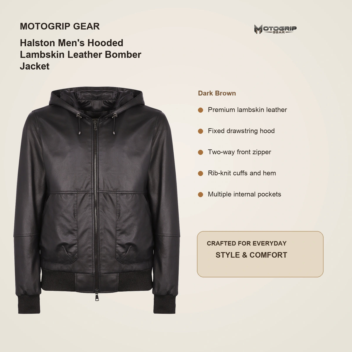 Halston Men's Hooded Lambskin Leather Bomber Jacket key features