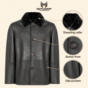 Feature diagram showing visible garment details of the Hawkridge men's black shearling car coat.
