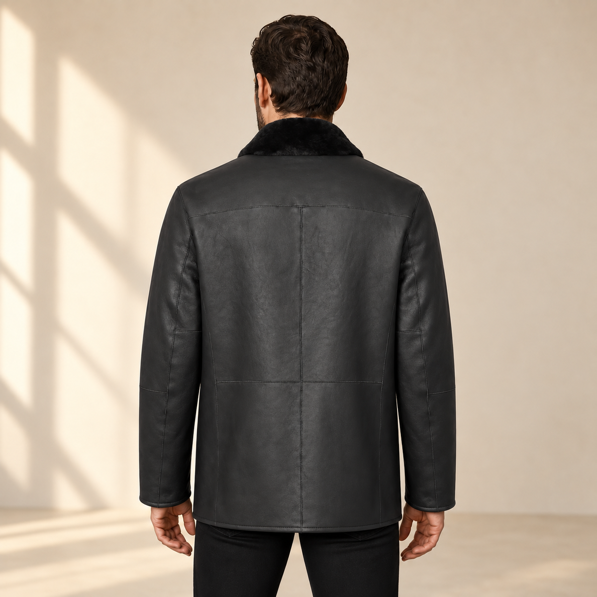 Rear view worn by a male model of the Hawkridge men's black shearling car coat.