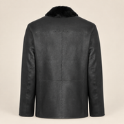 Straight rear product view of the Hawkridge men's black shearling car coat.