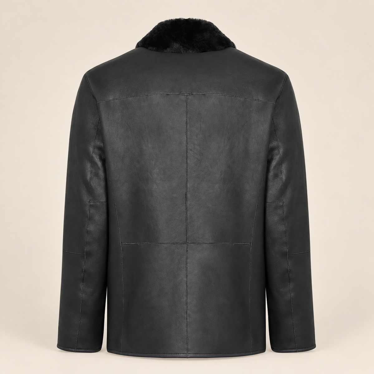 Straight rear product view of the Hawkridge men's black shearling car coat.