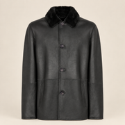 Straight front product view of the Hawkridge men's black shearling car coat.