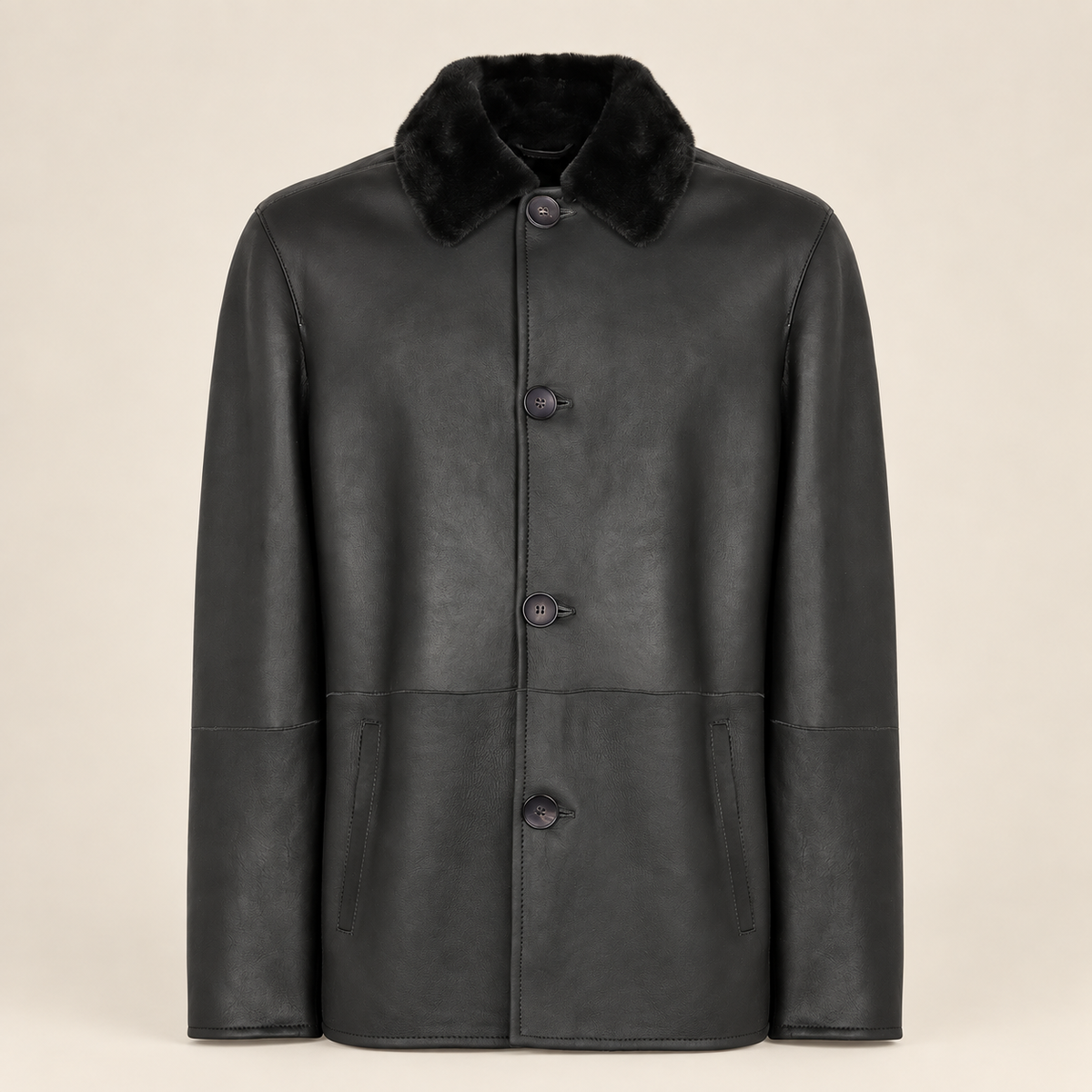 Straight front product view of the Hawkridge men's black shearling car coat.