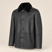 Three-quarter product view of the Hawkridge men's black shearling car coat.