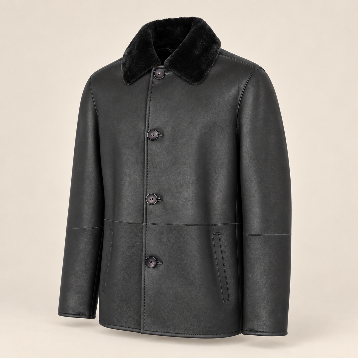 Three-quarter product view of the Hawkridge men's black shearling car coat.