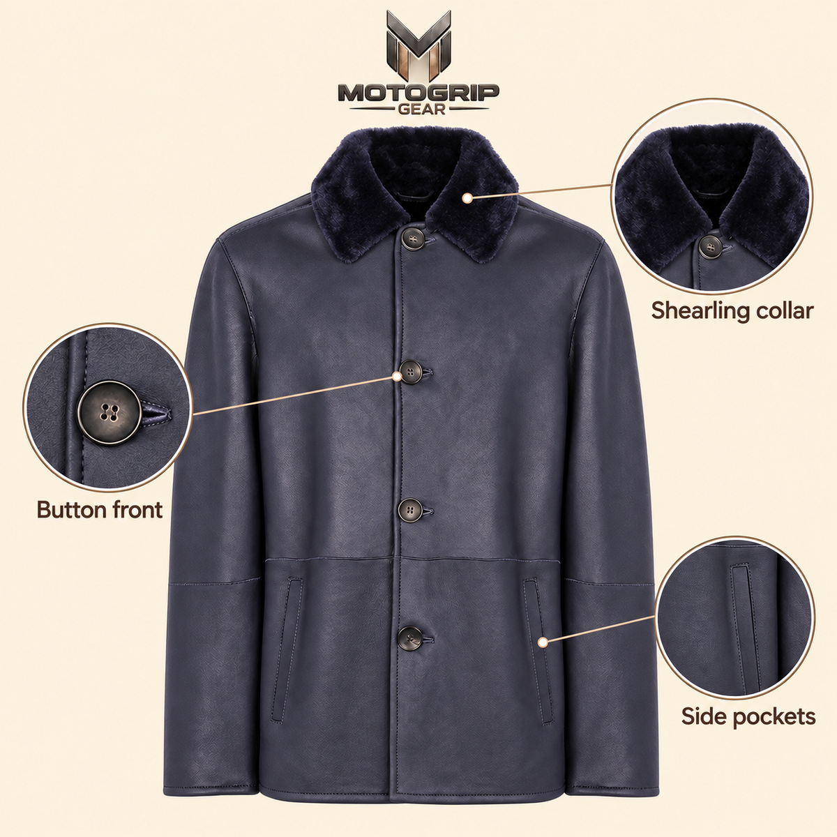 Feature diagram showing visible garment details of the Hawkridge men's navy shearling car coat.