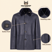 Feature diagram showing visible garment details of the Hawkridge men's navy shearling car coat.