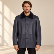 Front view worn by a male model of the Hawkridge men's navy shearling car coat.