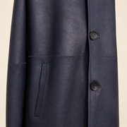 Close-up of the pocket construction of the Hawkridge men's navy shearling car coat.
