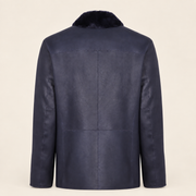 Straight rear product view of the Hawkridge men's navy shearling car coat.