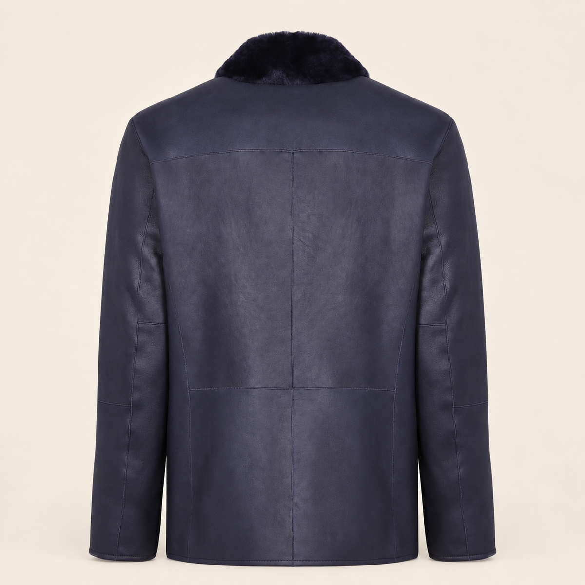 Straight rear product view of the Hawkridge men's navy shearling car coat.