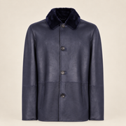 Straight front product view of the Hawkridge men's navy shearling car coat.