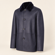 Three-quarter product view of the Hawkridge men's navy shearling car coat.