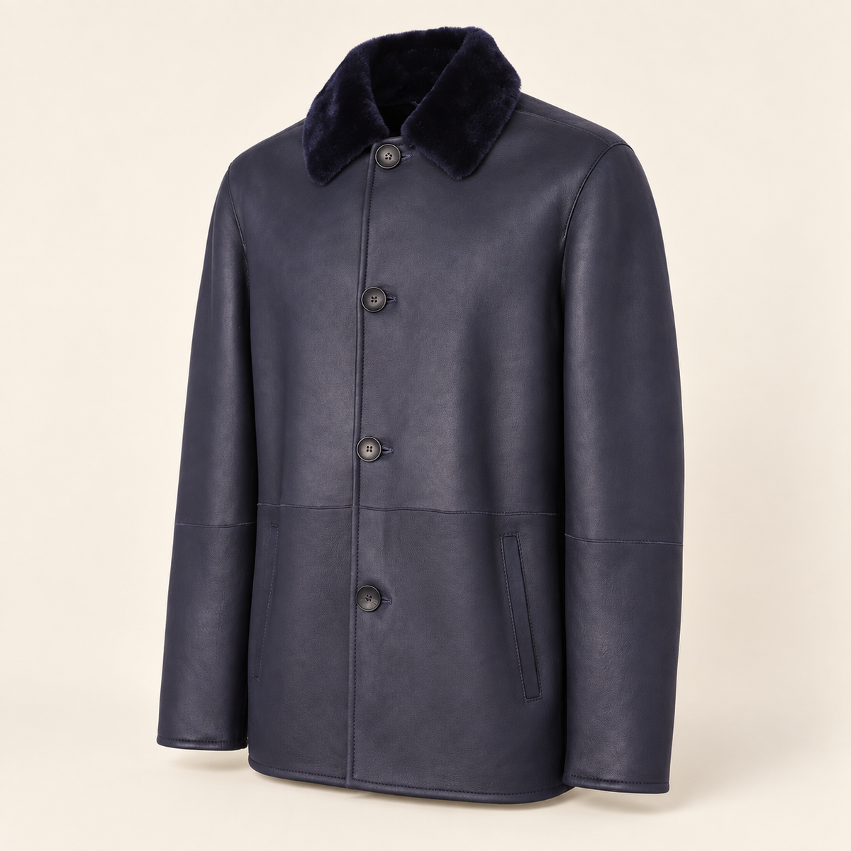 Three-quarter product view of the Hawkridge men's navy shearling car coat.