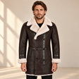 Front model view of the Hawthorne Men's Brown Double-Breasted Sheepskin Coat