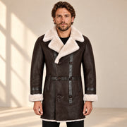 Front model view of the Hawthorne Men's Brown Double-Breasted Sheepskin Coat