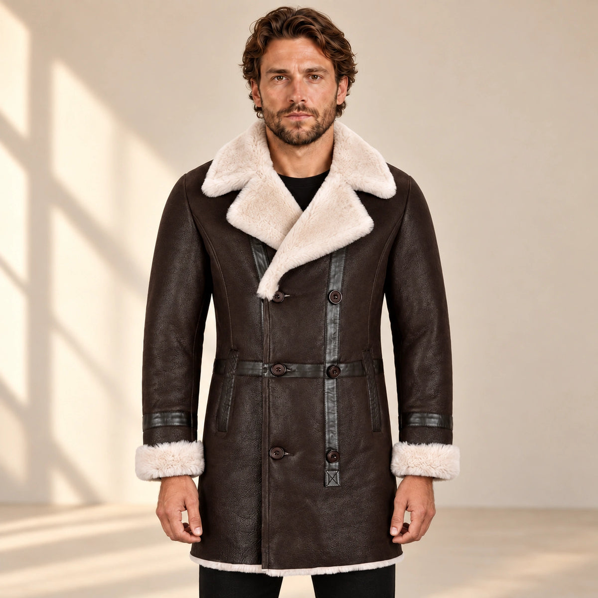 Front model view of the Hawthorne Men's Brown Double-Breasted Sheepskin Coat